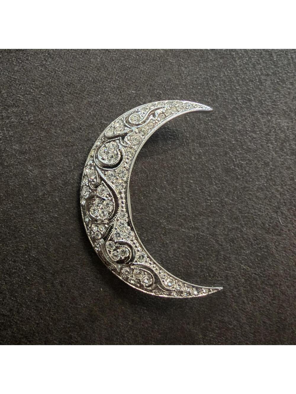 NWOT Vintage Nolan Miller Silver-Tone Crescent Moon Crystal Brooch